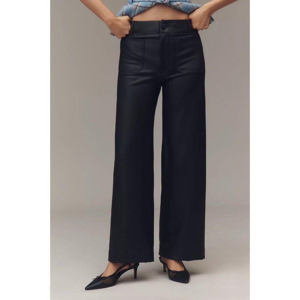 Anthropologie The Colette Faux Leather Full Length Wide Leg Pants Maeve Black 32